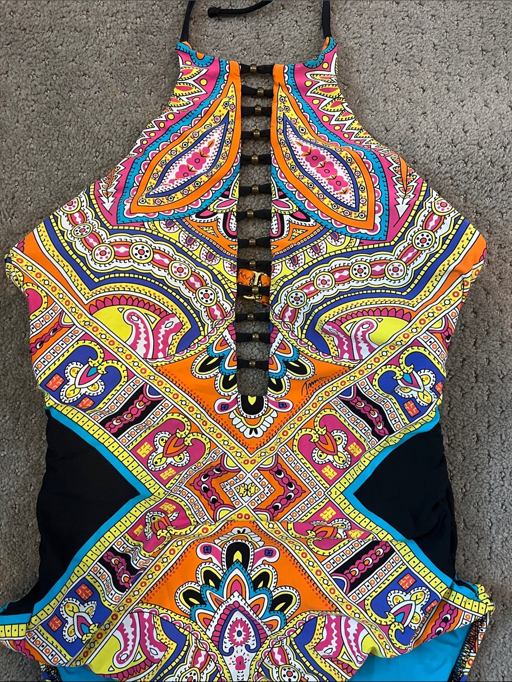 Trina Turk Turquoise & Multicolor Paisley One-Piece Halter Swimsuit Size 6 - Picture 4 of 8